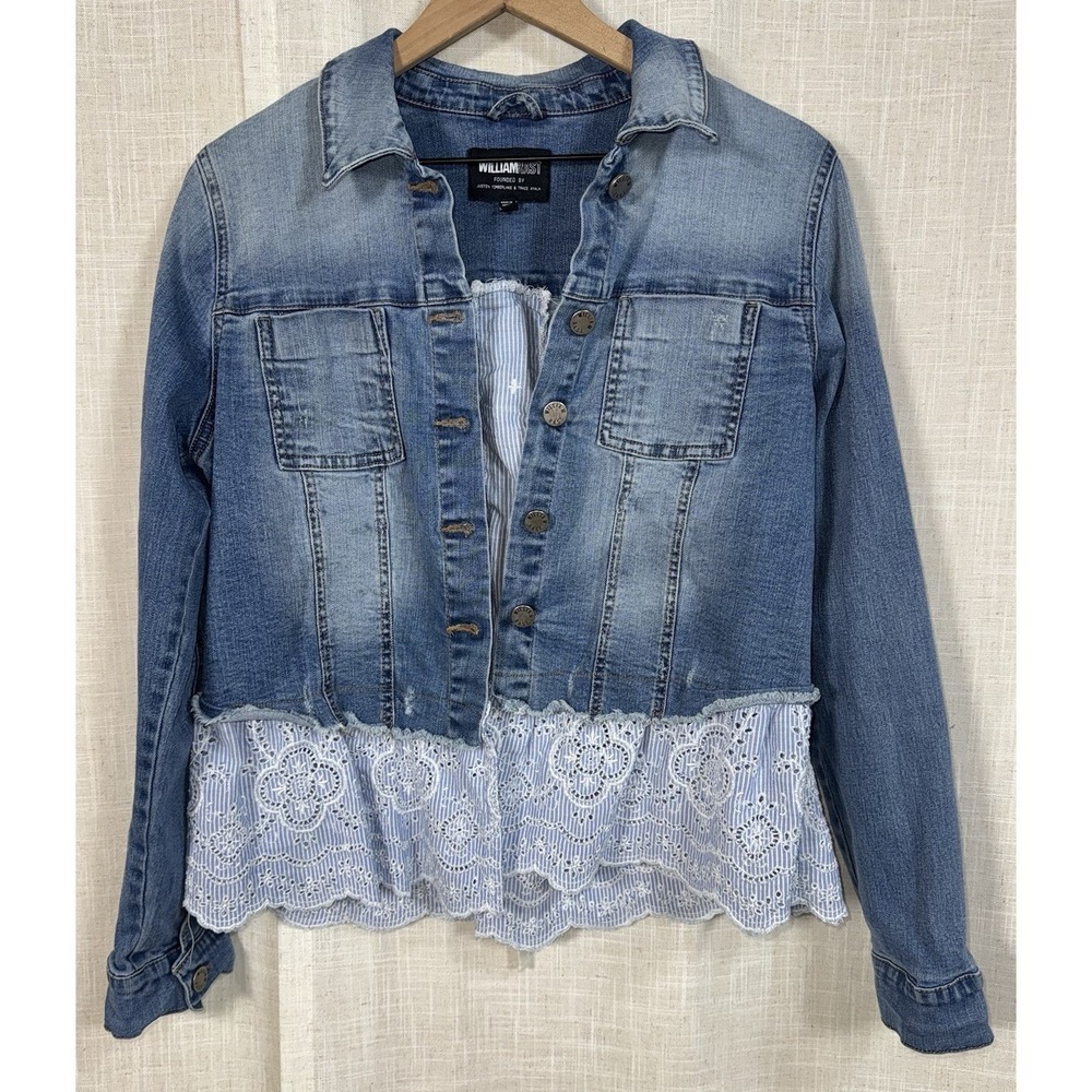 William Rast Women's L Jean Jacket Distressed Denim Eyelet Trim Lace Up Back